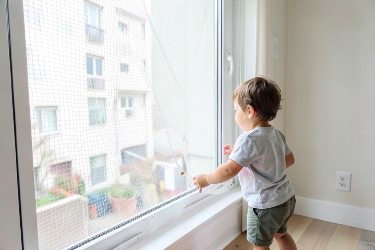 Fine children safety net fitted on an apartment window
